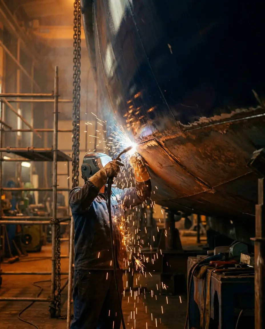 Welding sparks close-up during a superyacht refit