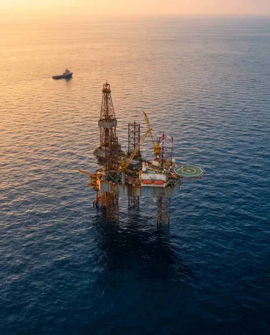 Offshore drilling rig at dawn in open ocean