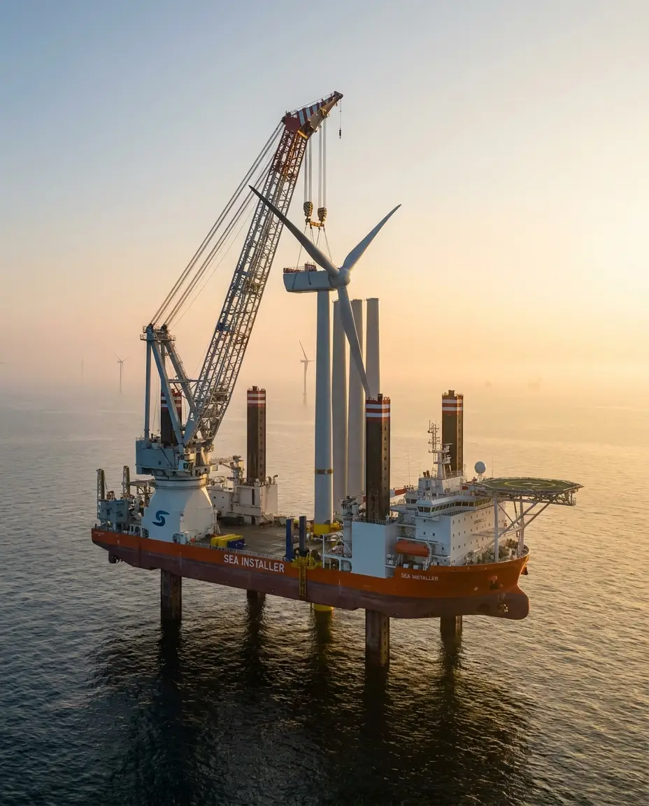 Offshore wind turbine being installed at sunrise