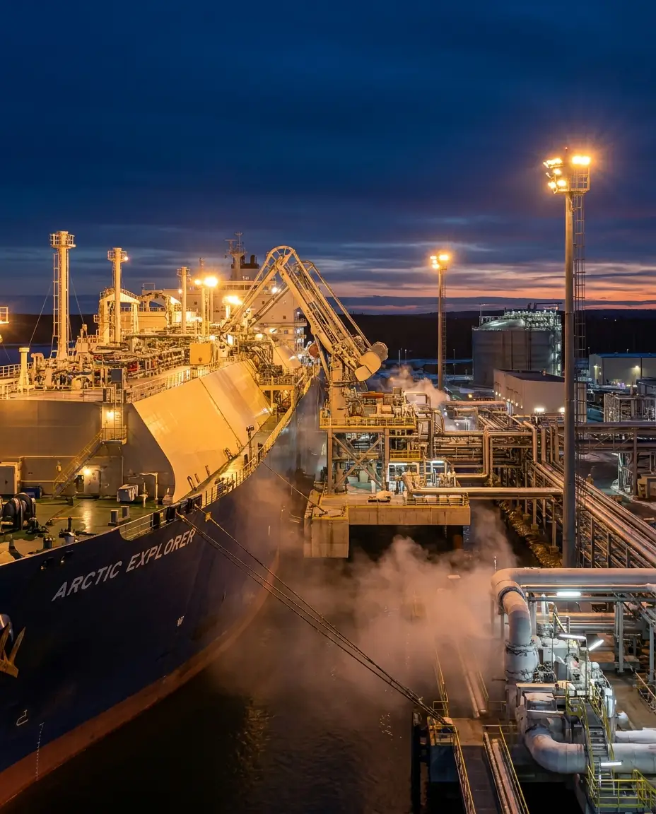 LNG tanker loading at terminal at blue hour