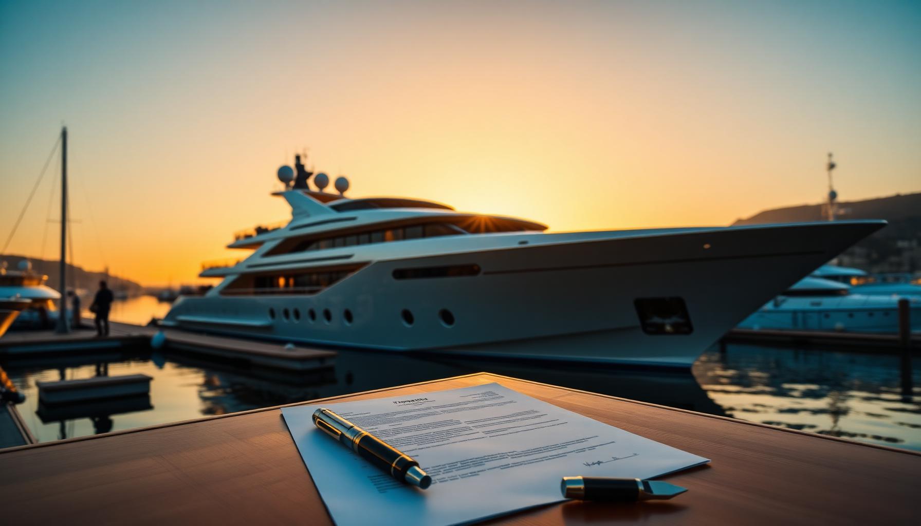 Superyacht at golden hour with a signed contract and fountain pen on a mahogany dock table.