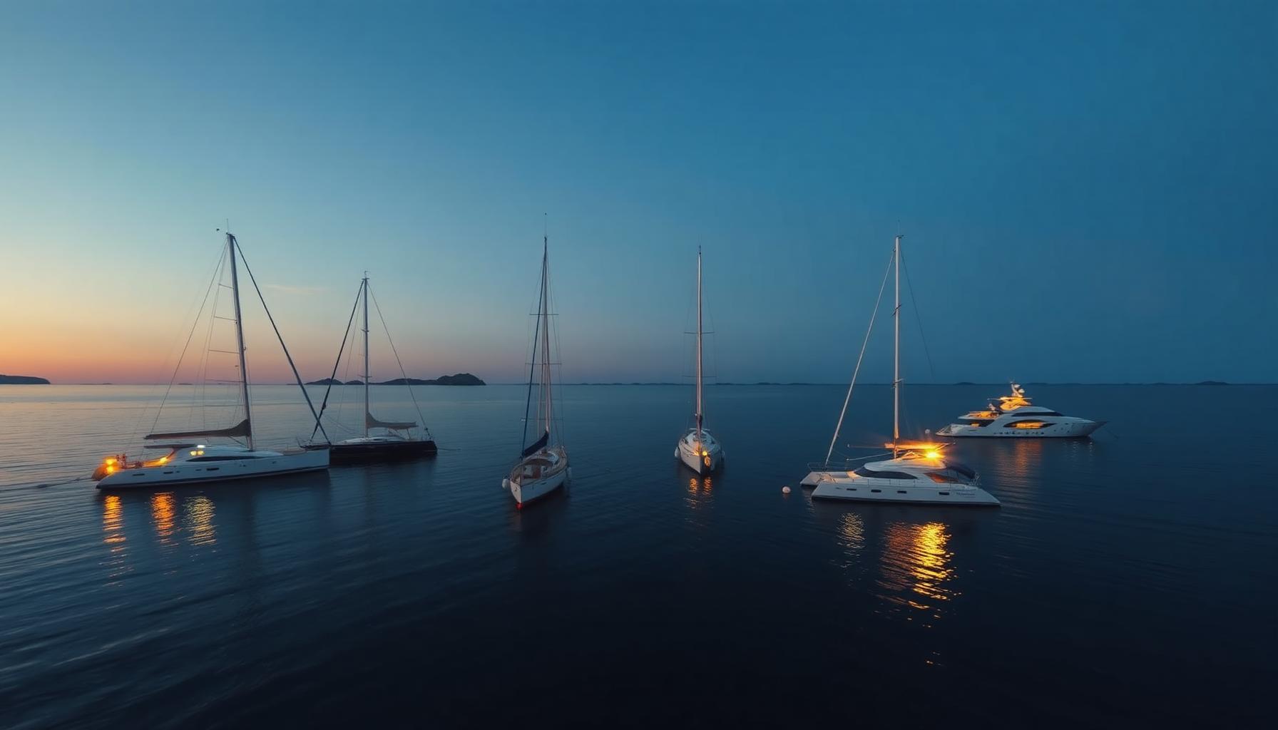 A small charter fleet moored in a horseshoe pattern at twilight with warm anchor lights.