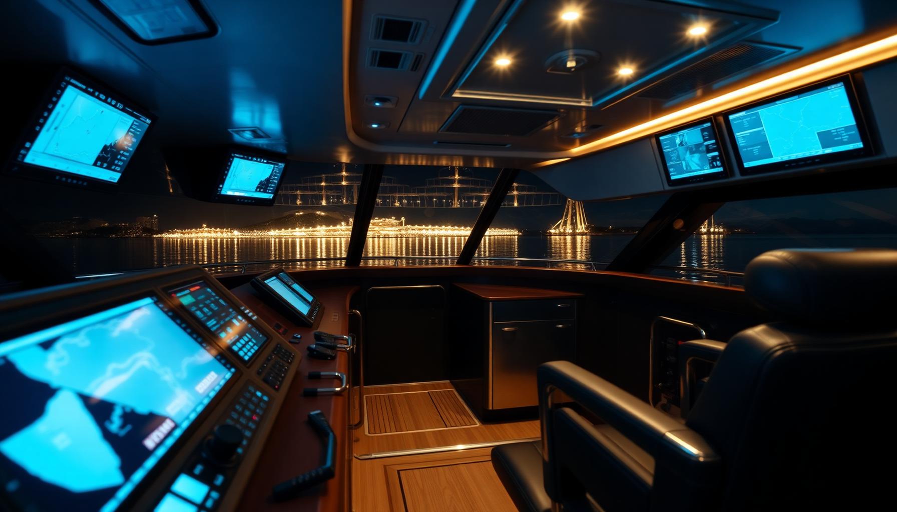 A modern superyacht bridge at night with navigation screens glowing in soft sky-blue.