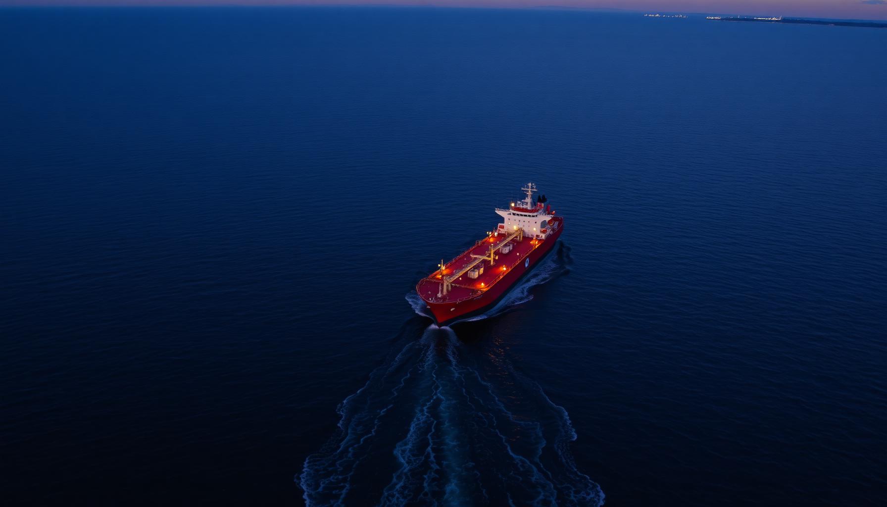 Aerial view of a red-hulled product tanker underway at dusk in open ocean.