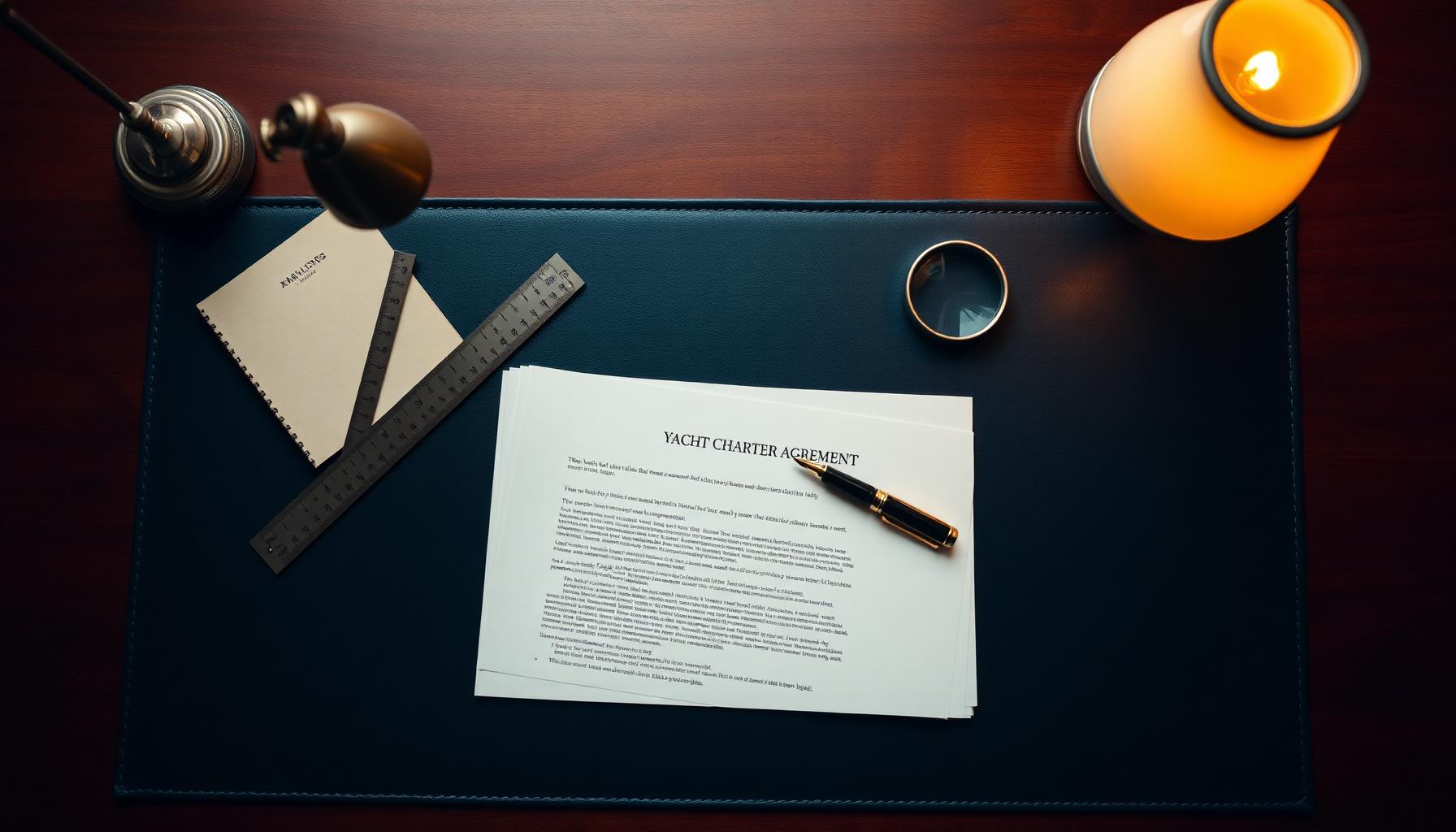 Overhead close-up of legal documents and a yacht charter agreement on a walnut desk with fountain pen.