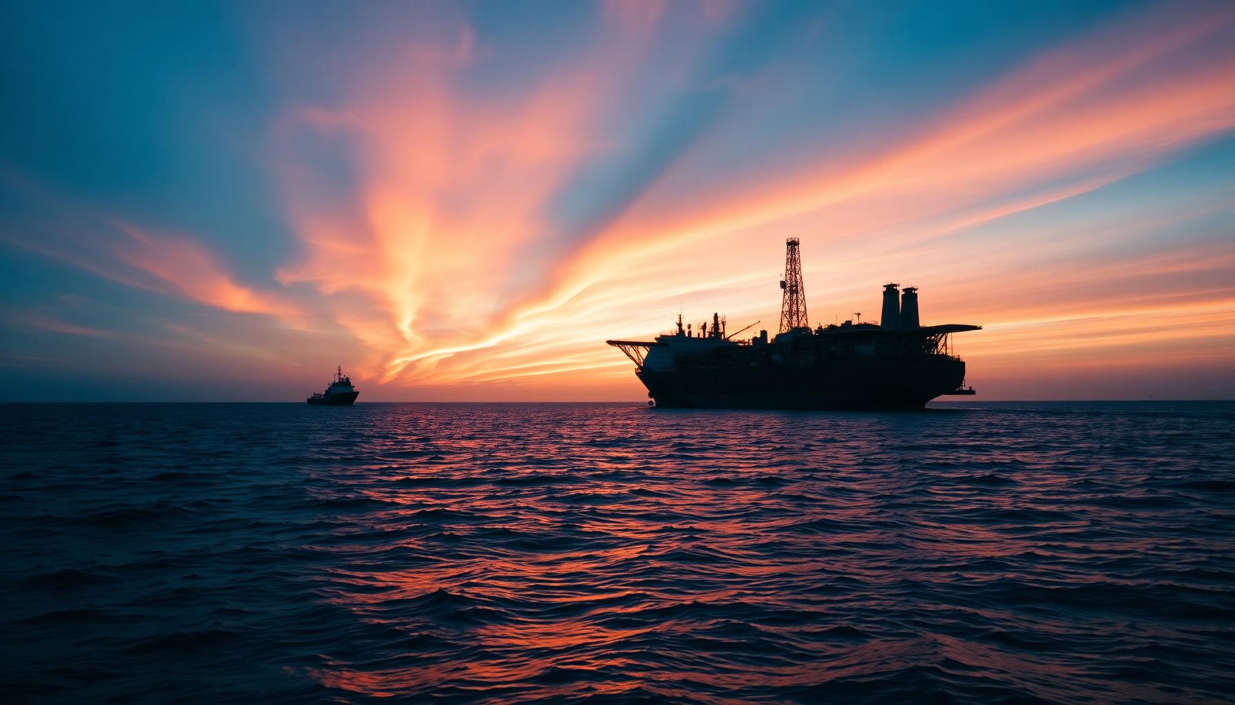 An offshore floating production vessel silhouetted against a dramatic sunset sky in remote ocean waters.