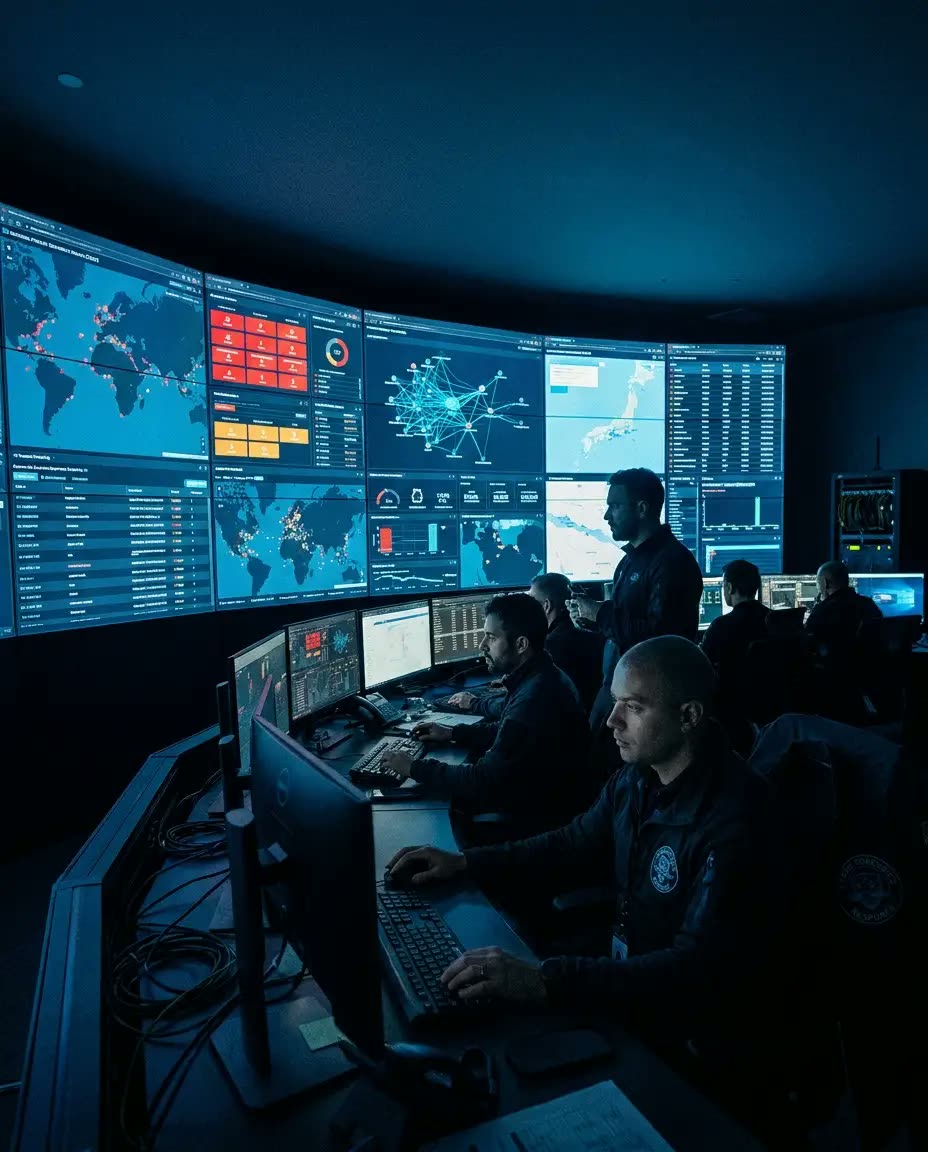 Cyber security operations centre with analysts at threat monitoring displays