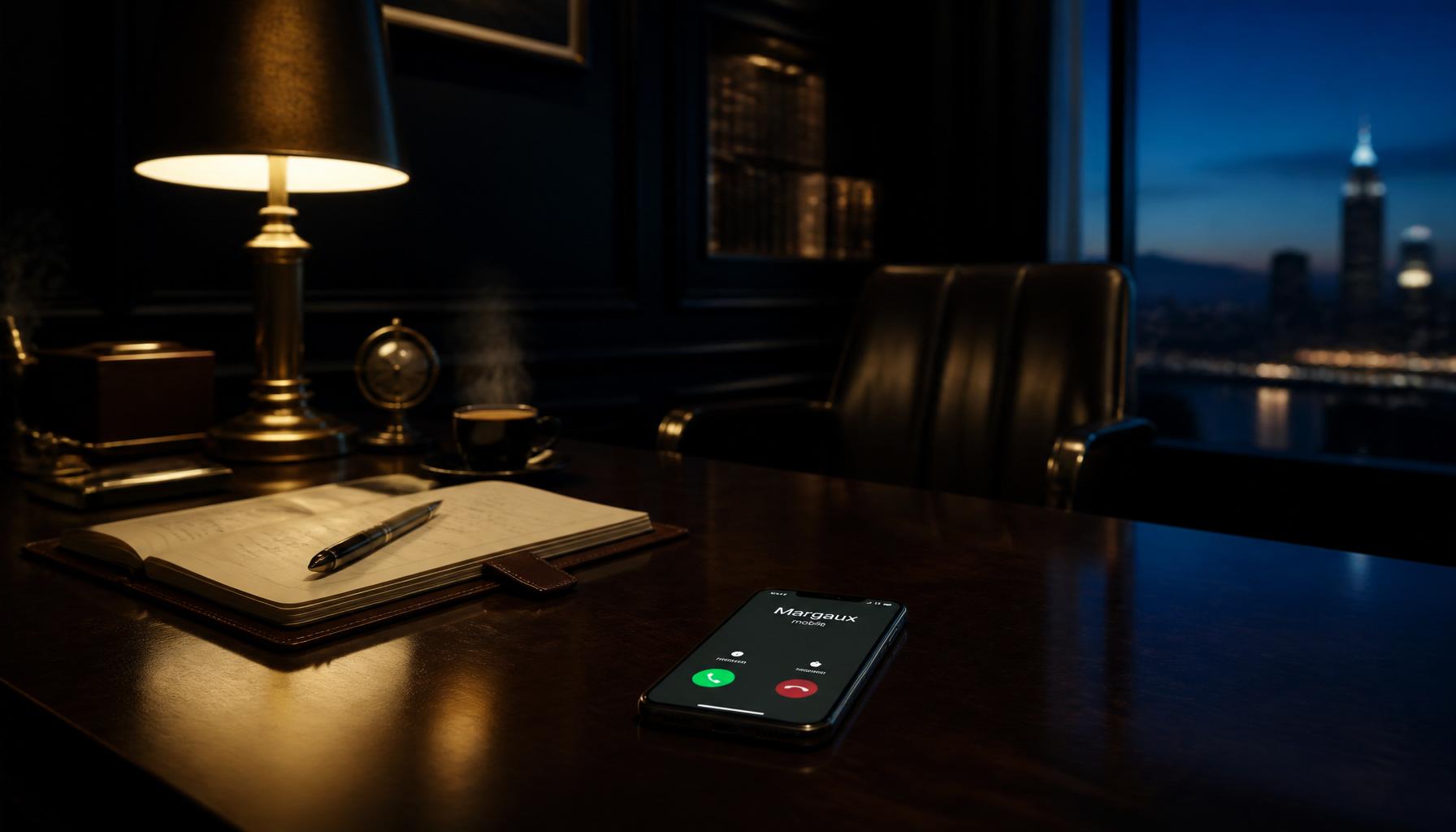Warm-lit private office at dusk with an incoming call on a smartphone beside an open notebook.