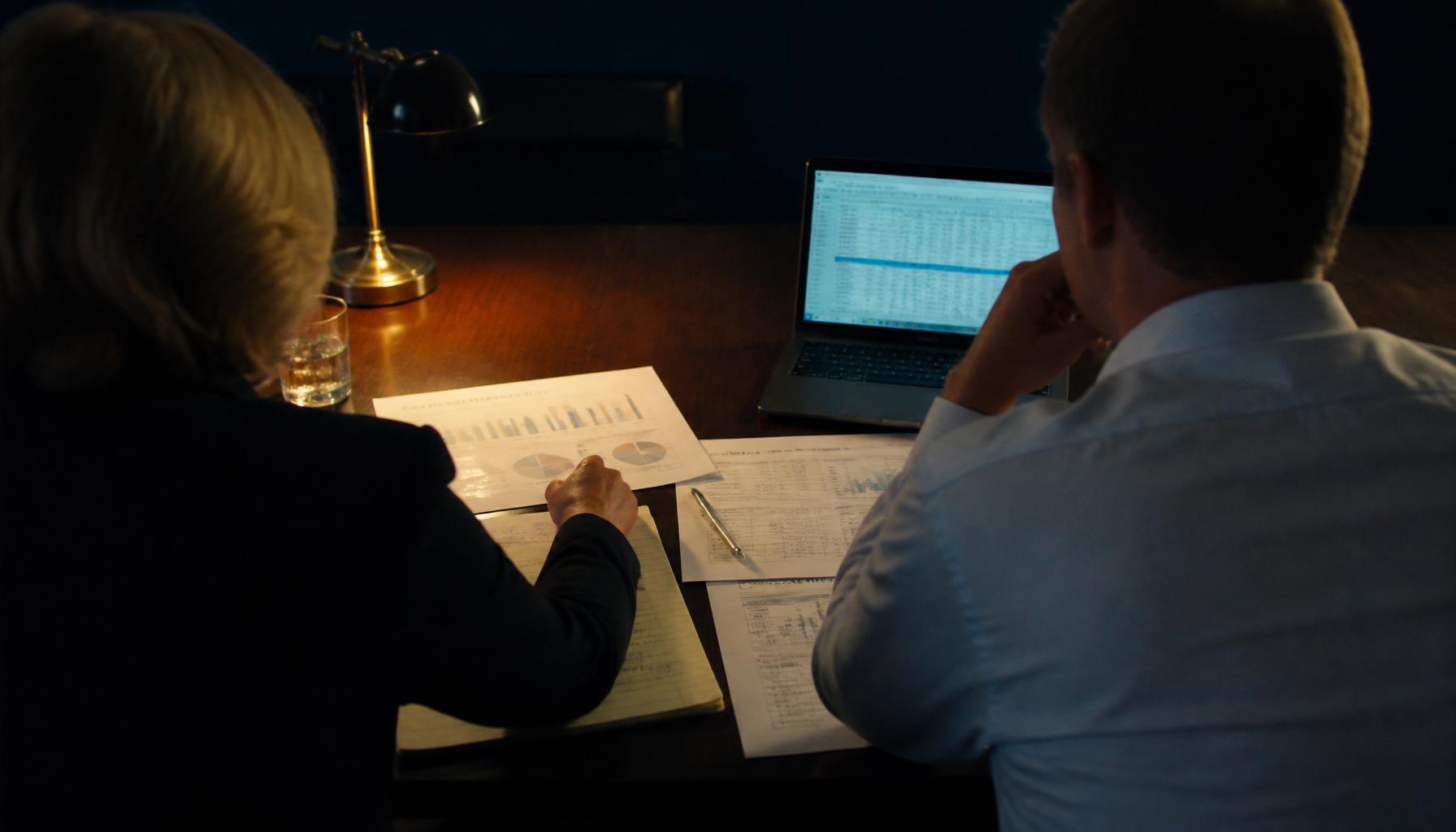 Two advisers reviewing risk documents and a spreadsheet at a dark walnut table, shot from behind.
