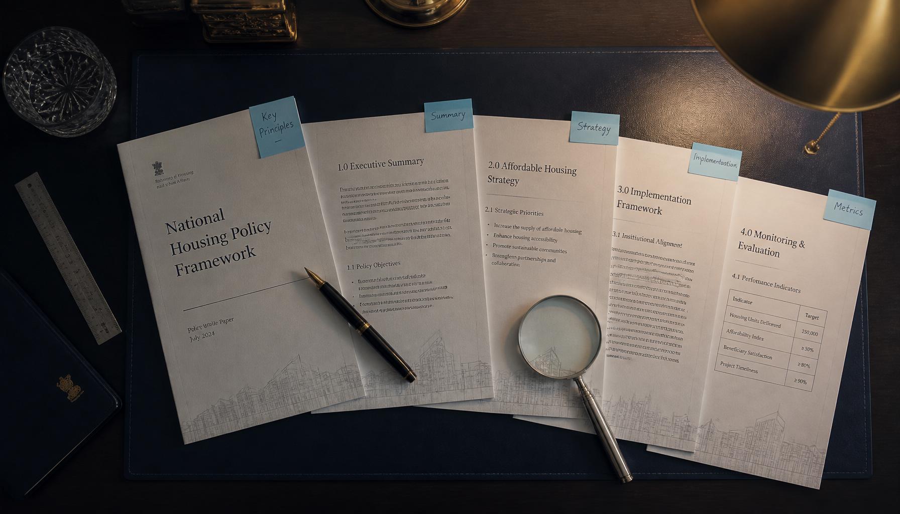 Overhead view of policy documents, a fountain pen and magnifying glass on a navy leather desk blotter.