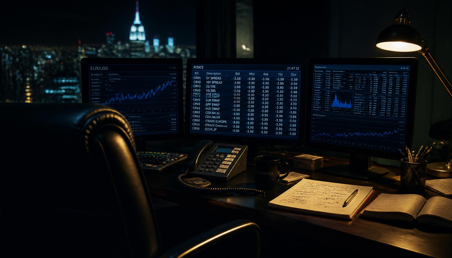 A darkened broker workstation at night with three monitors showing market and risk data.