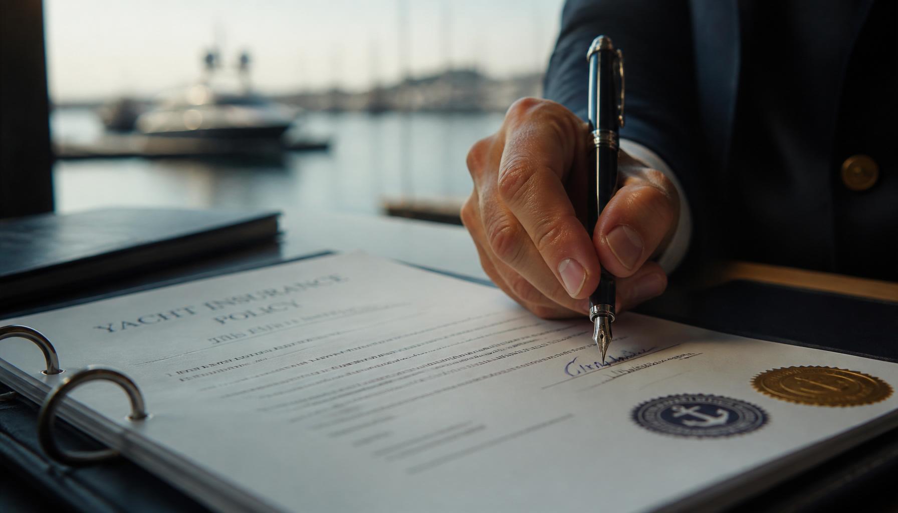 A hand signing an insurance binder with a fountain pen, a marina blurred in the background.