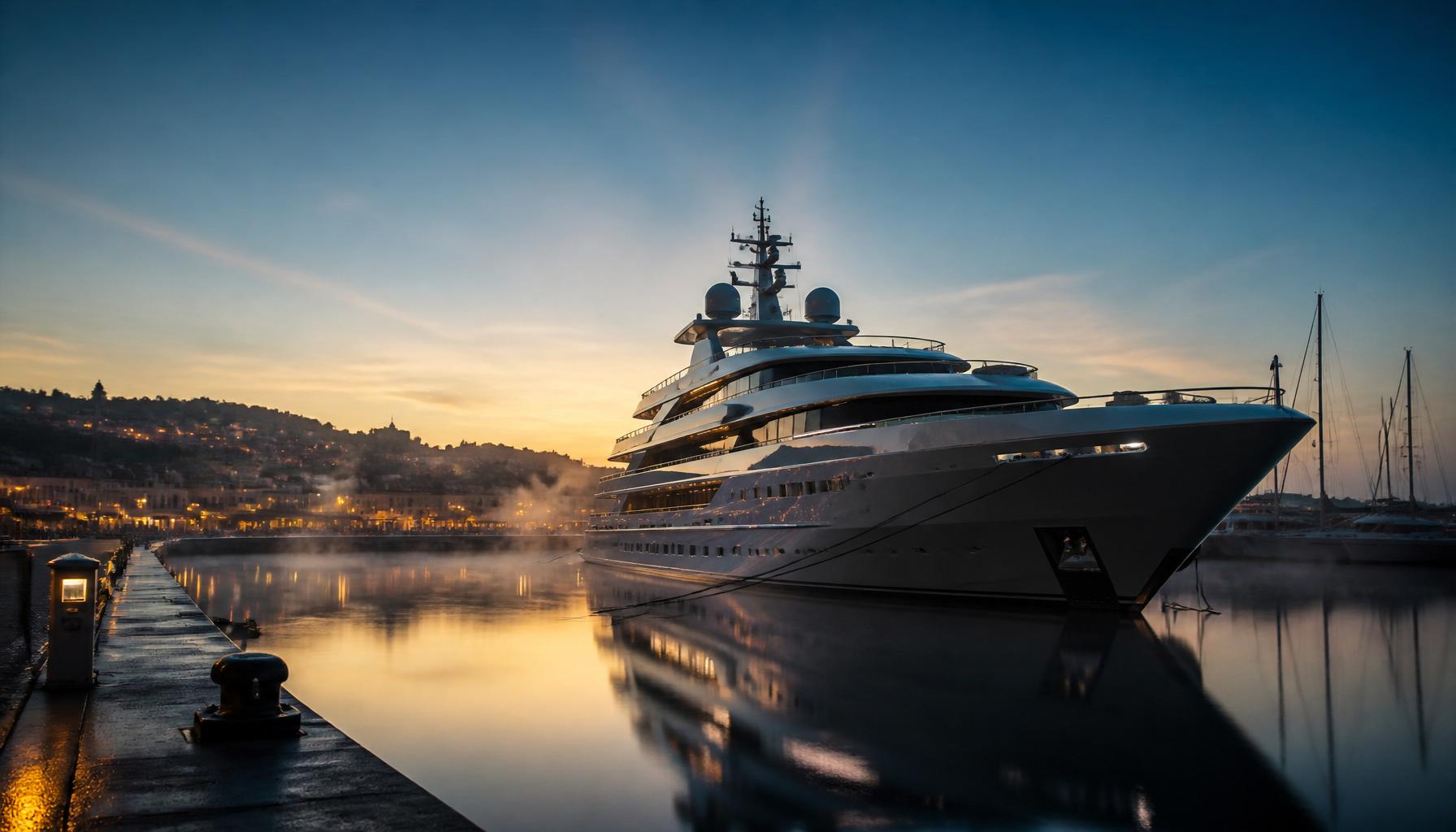 Superyacht moored in a Mediterranean marina at dawn, mist rising over mirror-still water.