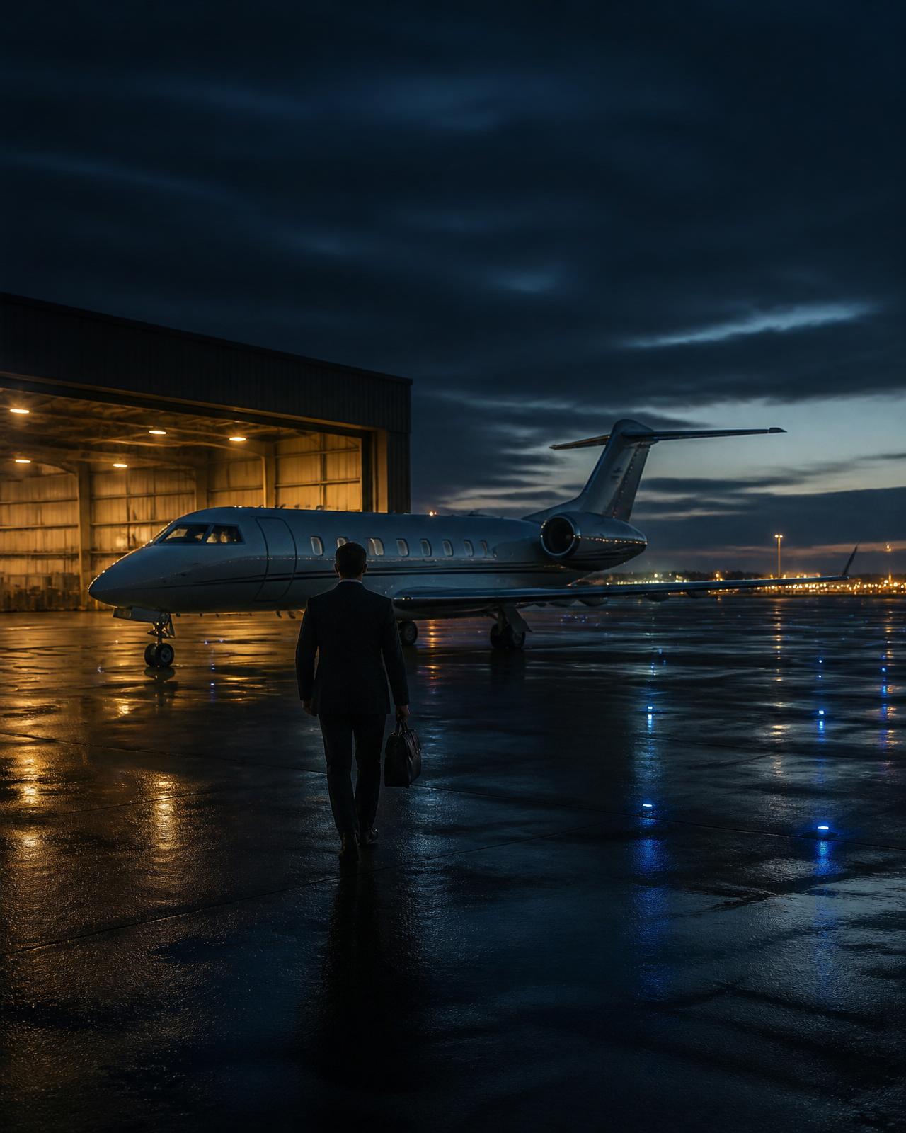 A single figure in a dark suit walking toward a private aircraft on a dimly lit tarmac at dawn