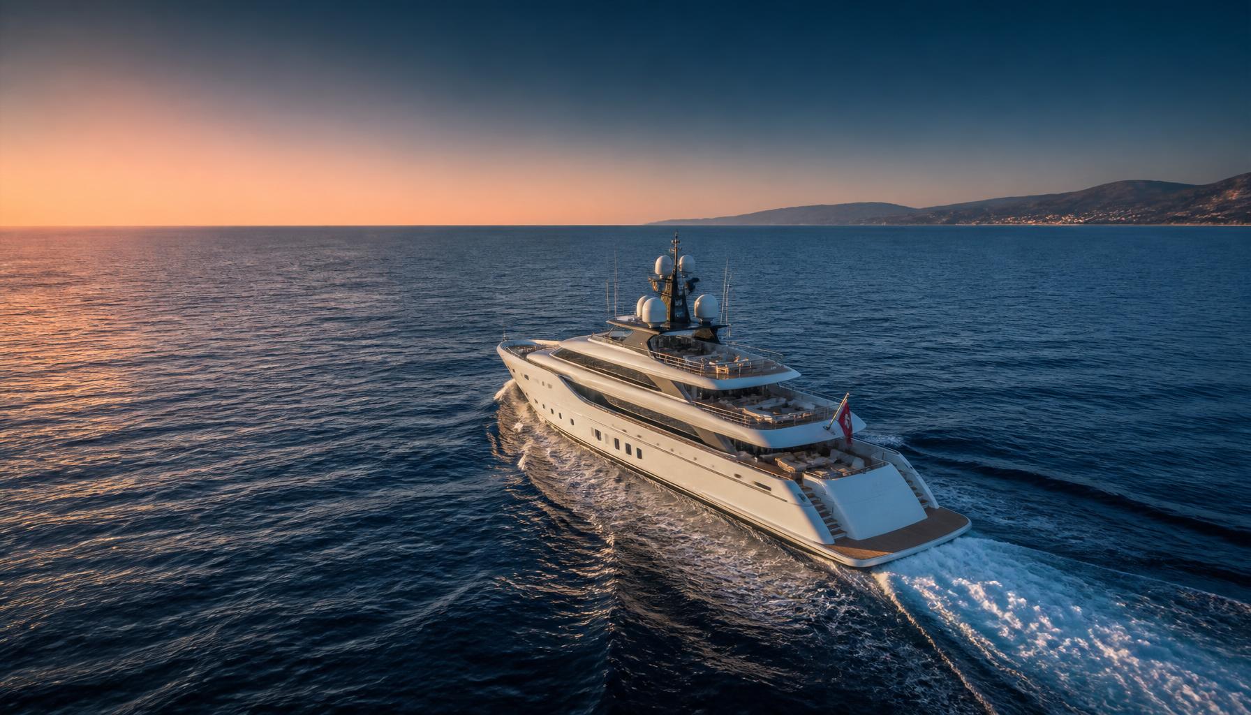Aerial view of a superyacht cruising open Mediterranean water at golden hour.