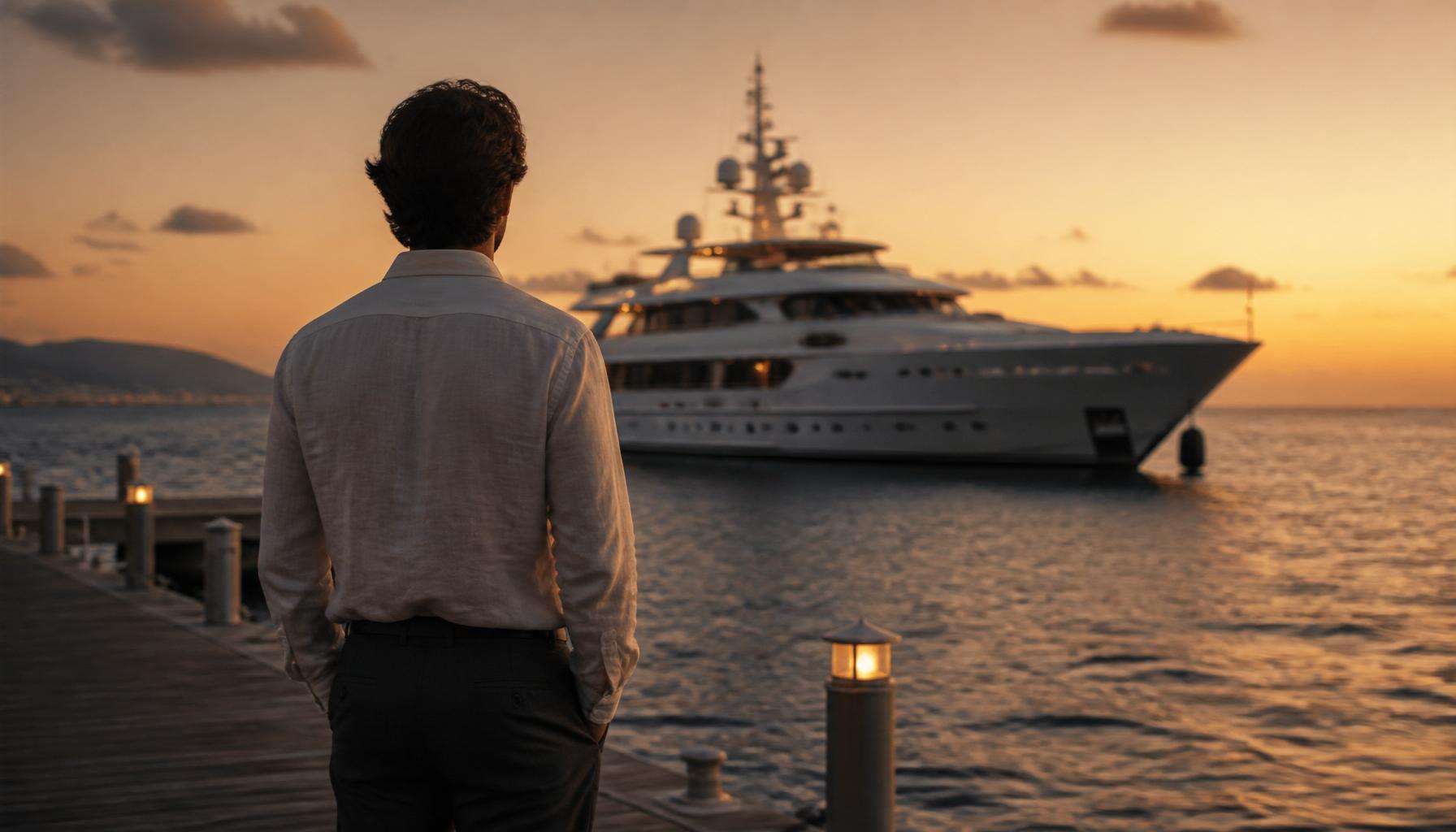 A yacht owner on the dock at sunset looking at their moored superyacht.